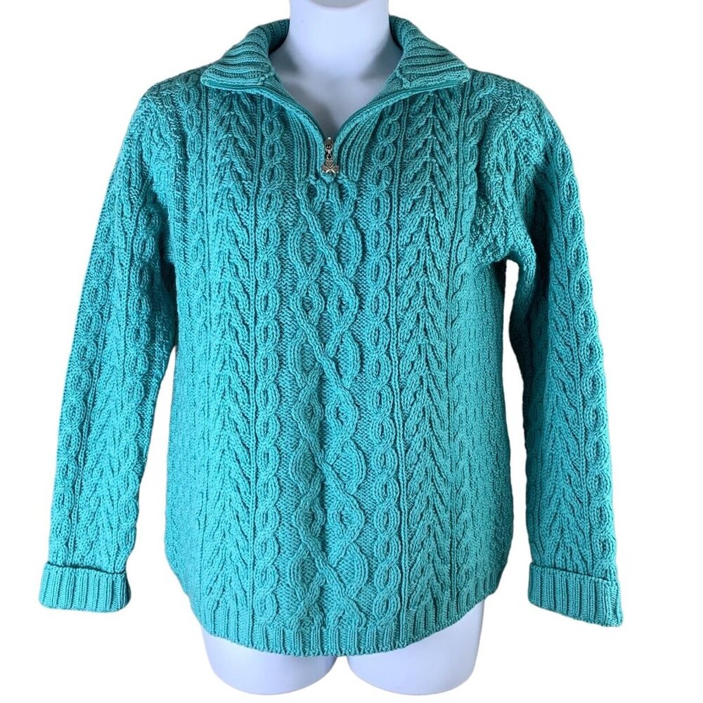 Vintage Wool Sweater Medium 1/4 Zip Chunky Knit Pullover Blue Arancrafts Ireland